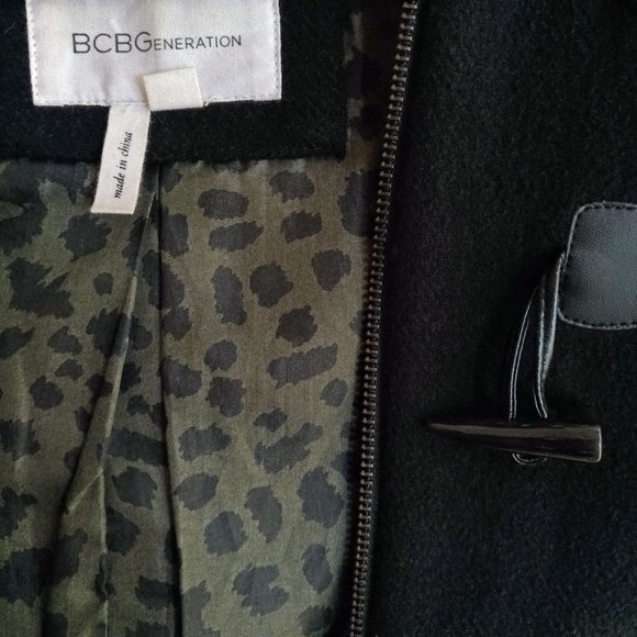 BCBG Black Hooded Wool Coat XS Detachable Realistic Faux Fur - Picture 10 of 14